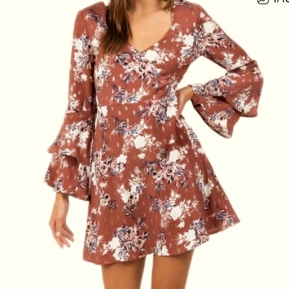 As U Wish Floral Long Sleeve Dress in Brown and White - Picture 1 of 7
